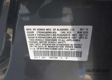 2012 Honda Pilot Ex-L z USA, uszkodzony, nr VIN 5FNYF4H57CB061425